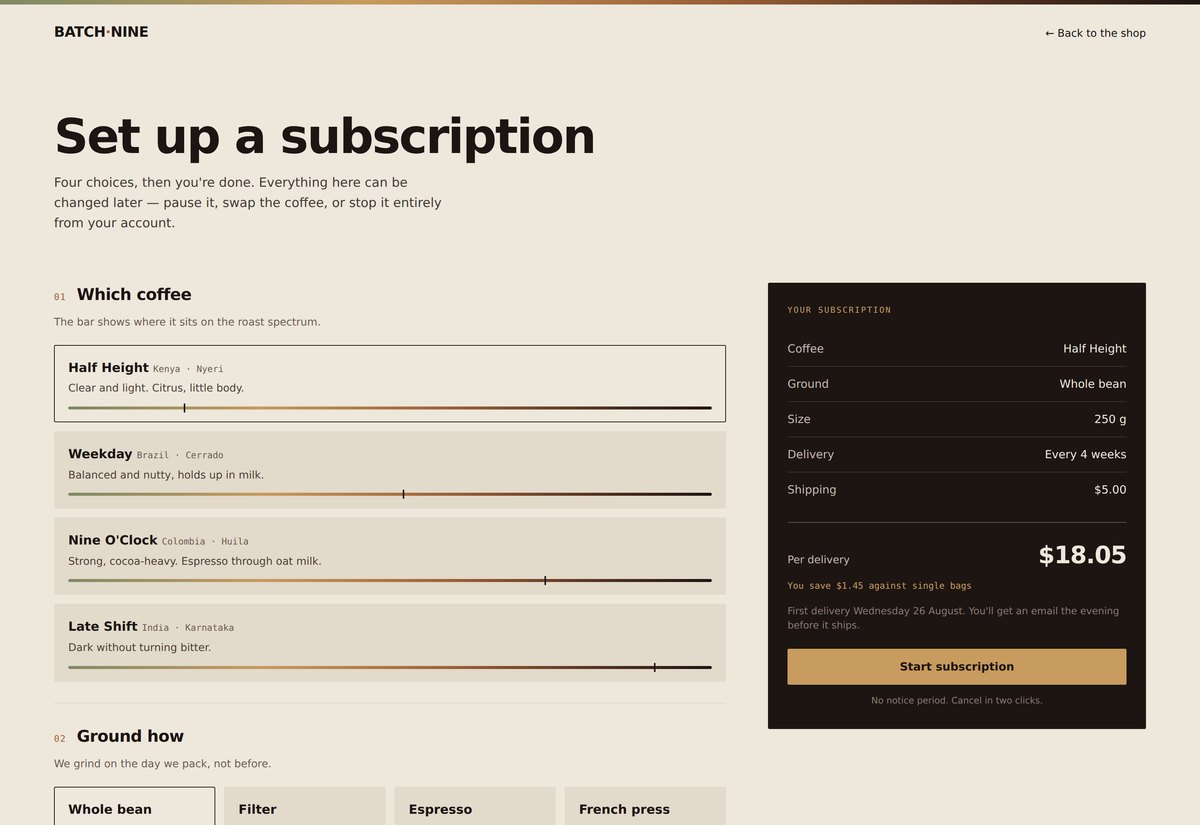 Batch Nine — subscription configurator with live pricing
